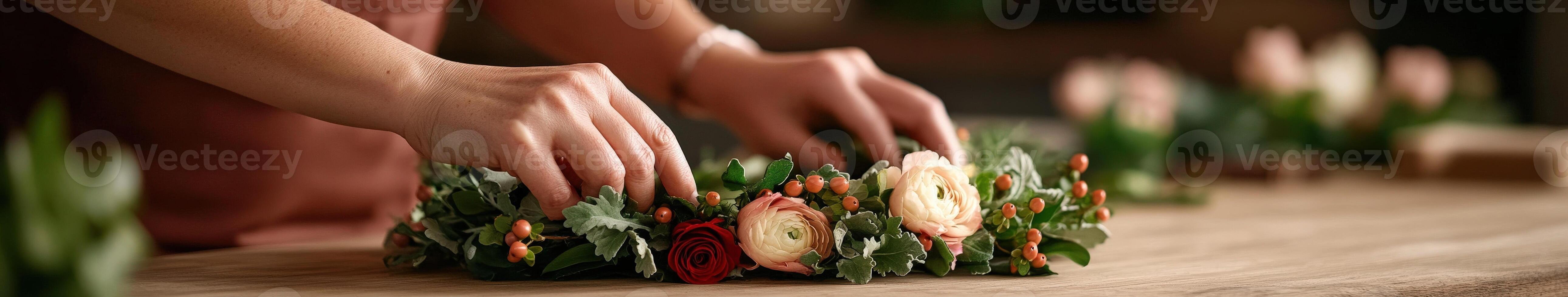 Crafting a floral crown with care in a cozy workshop setting photo