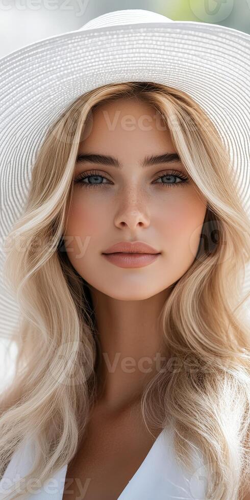 Young woman in stylish hat with flowing blonde hair outdoors photo