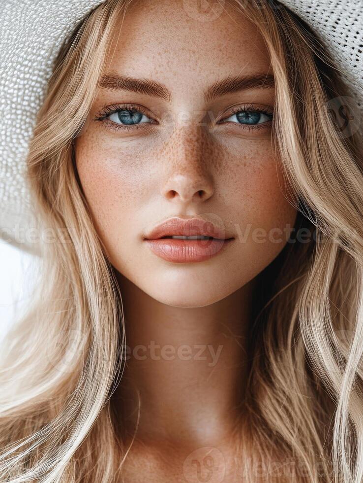 Young woman with blue eyes and natural makeup wearing a sun hat photo