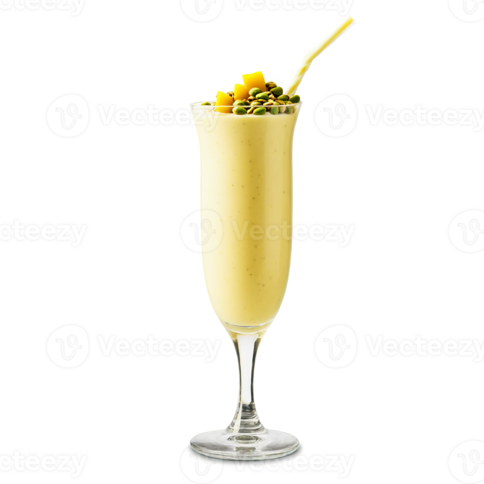 Mango Lassi in a clear glass topped with chopped pistachios side view png