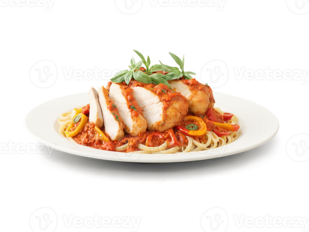 Chicken Cacciatore Chicken thighs simmered in a savory tomato sauce with onions, bell peppers, garlic, and herbs, served with past png