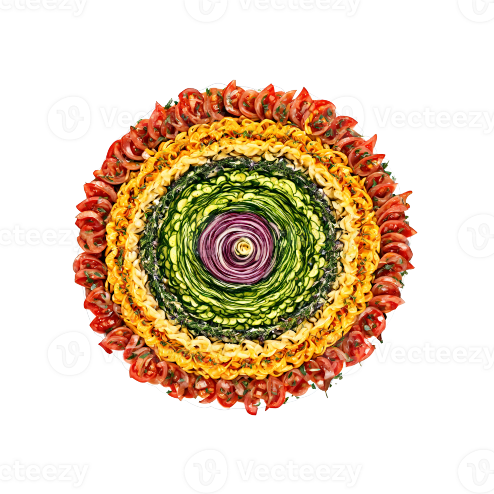 Ratatouille Mandala colorful sliced vegetables in a tomato sauce layered in a mesmerizing spiral herbs png