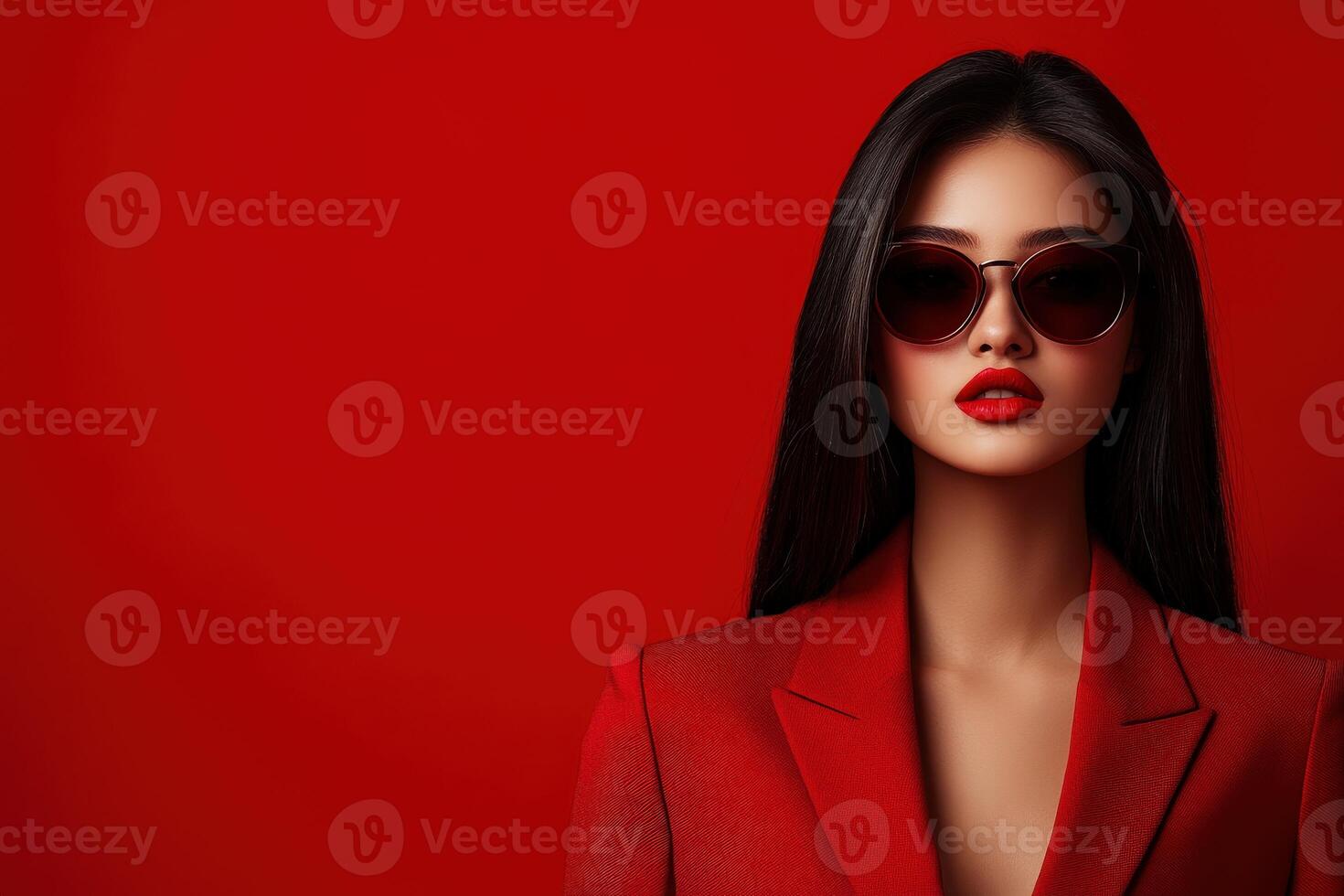 Bold fashion portrait of a woman in red against a vibrant background photo
