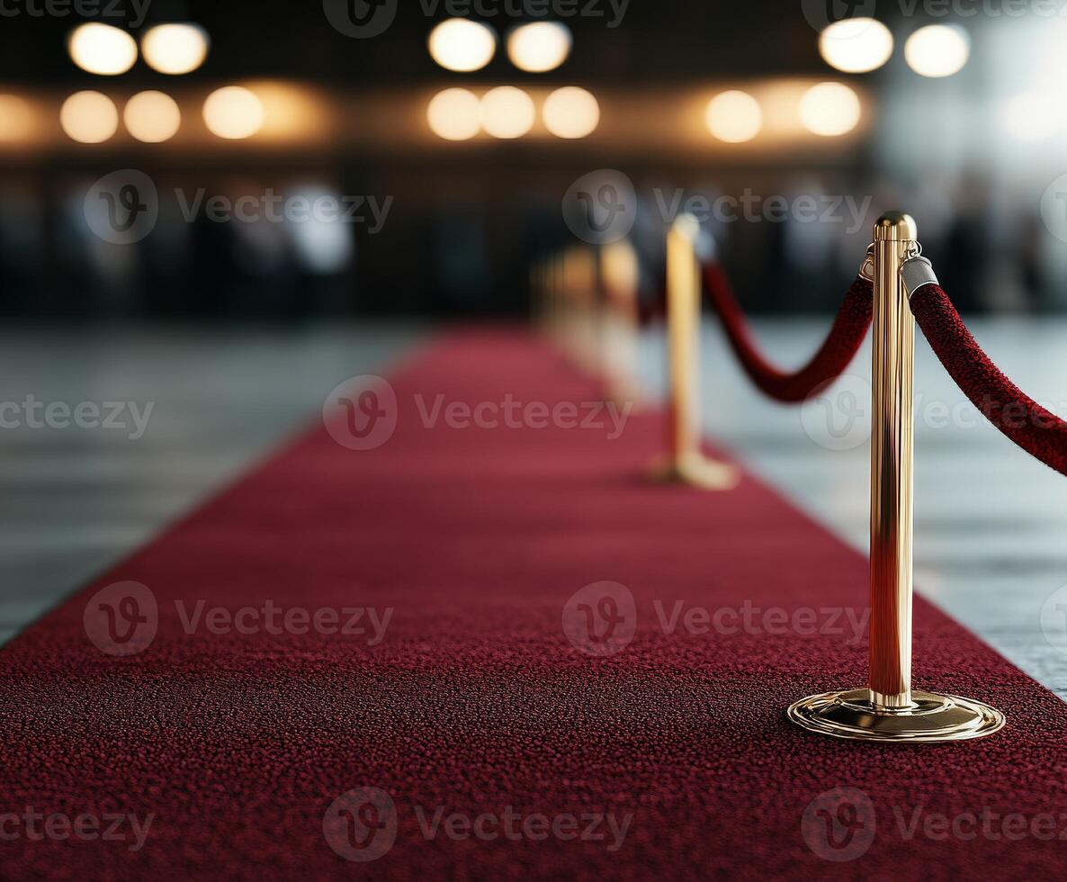 Red carpet walkway with velvet ropes at a formal event venue photo