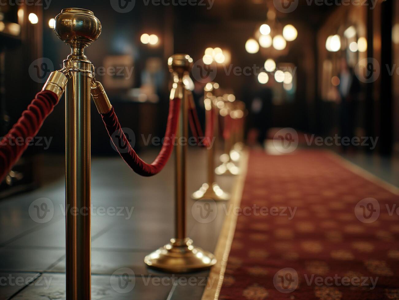Elegant queue design with red ropes and golden stanchions at event venue photo