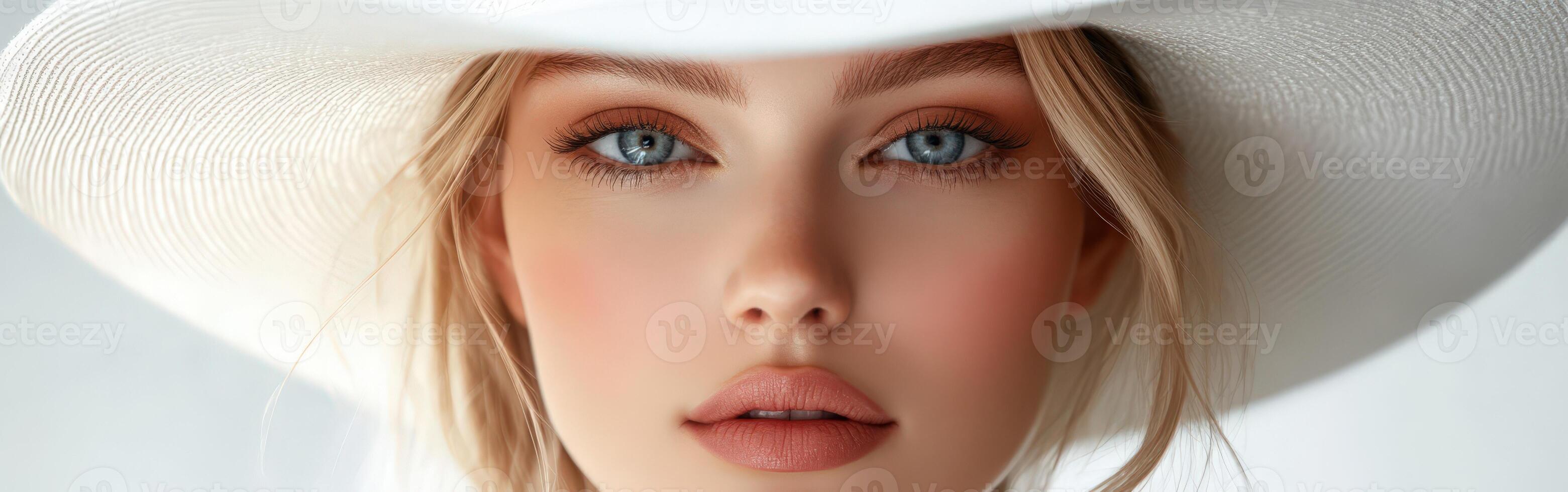 Portrait of a woman wearing a large white hat with striking blue eyes photo