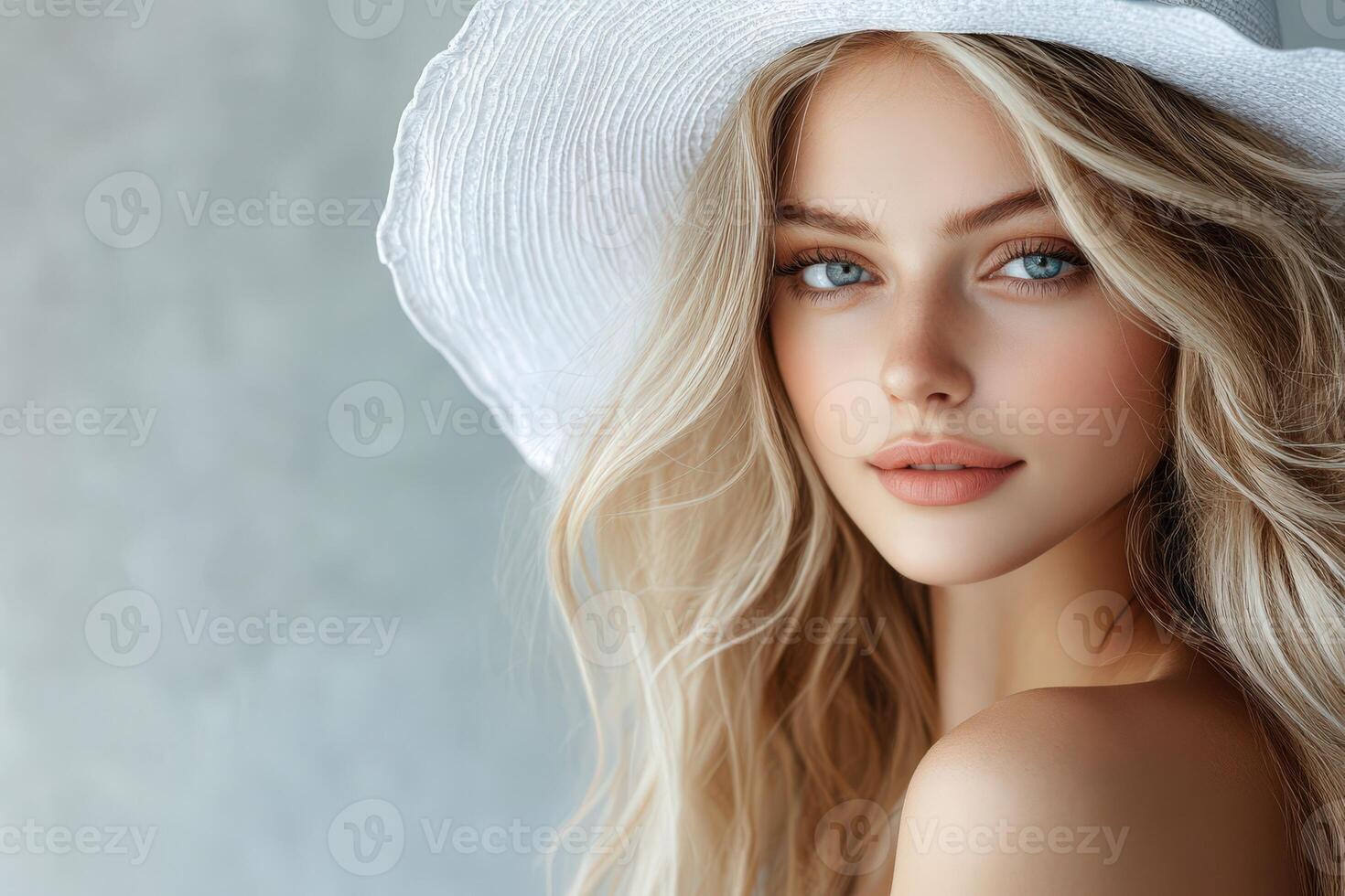 Beautiful young woman with flowing hair wearing a wide-brimmed hat photo