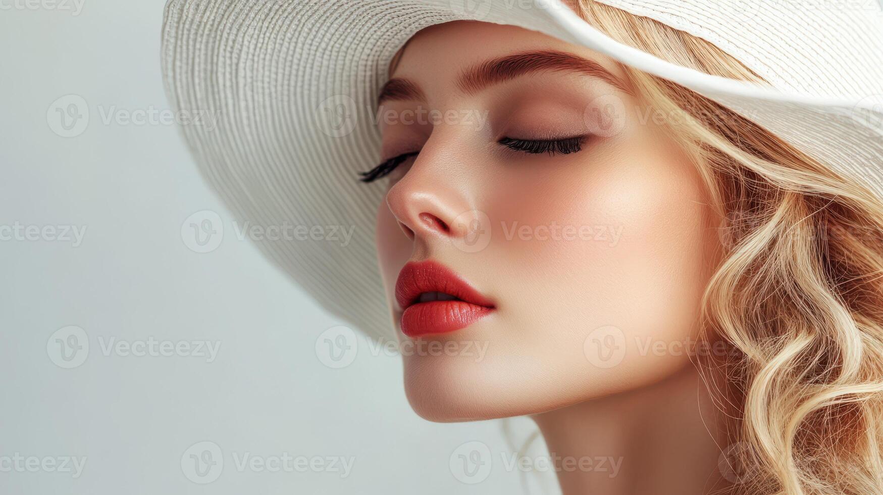 Close-up of a woman with elegant features and a white hat photo