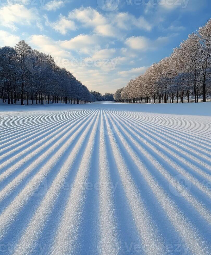 Snow-covered landscape with striped patterns under a blue sky photo