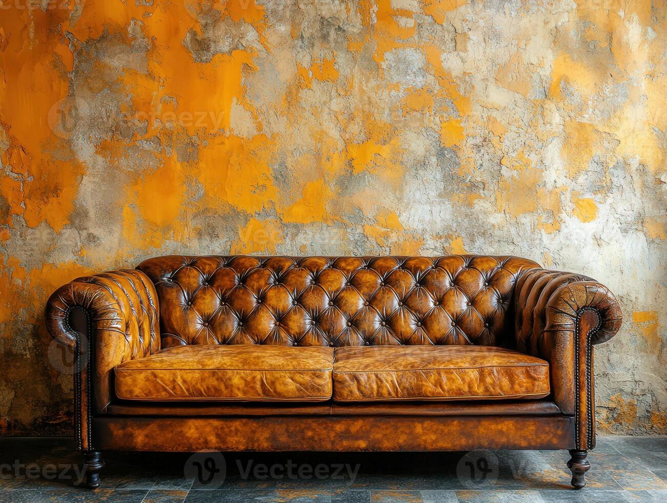 Vintage leather sofa against textured orange wall in cozy room photo