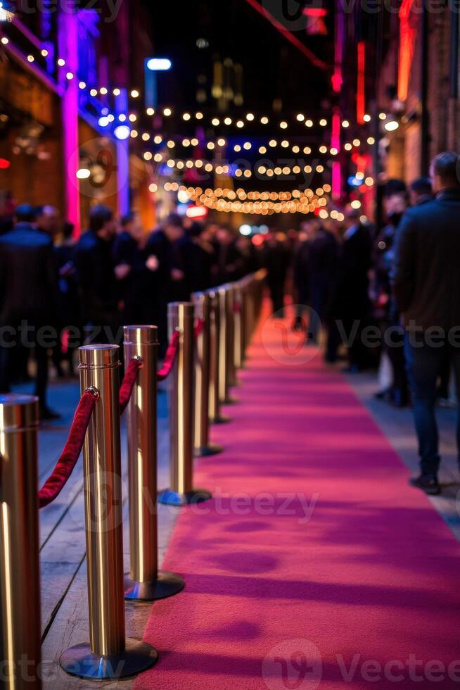 Elegant red carpet event with glowing lights and eager attendees photo