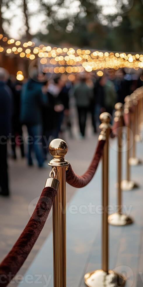 Elegant queue with golden stanchions and festive lights in background photo