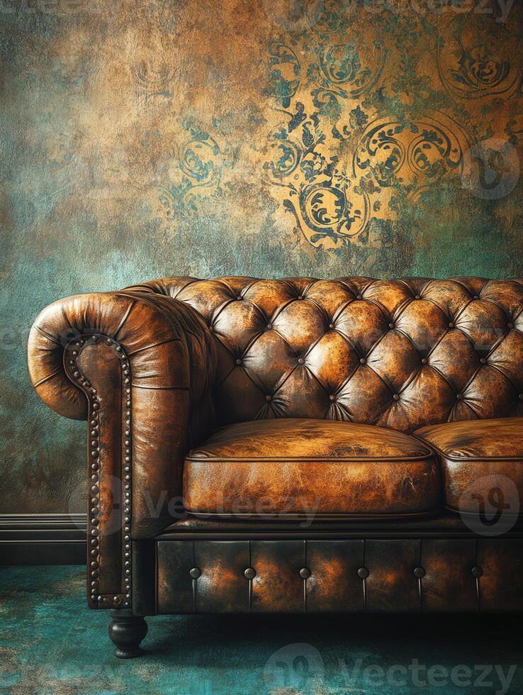 Elegant vintage leather couch against a textured wall backdrop photo