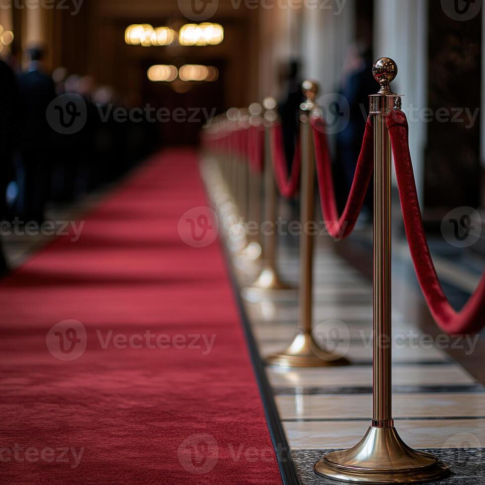 Elegant red carpet pathway lined with ropes in a grand hall photo