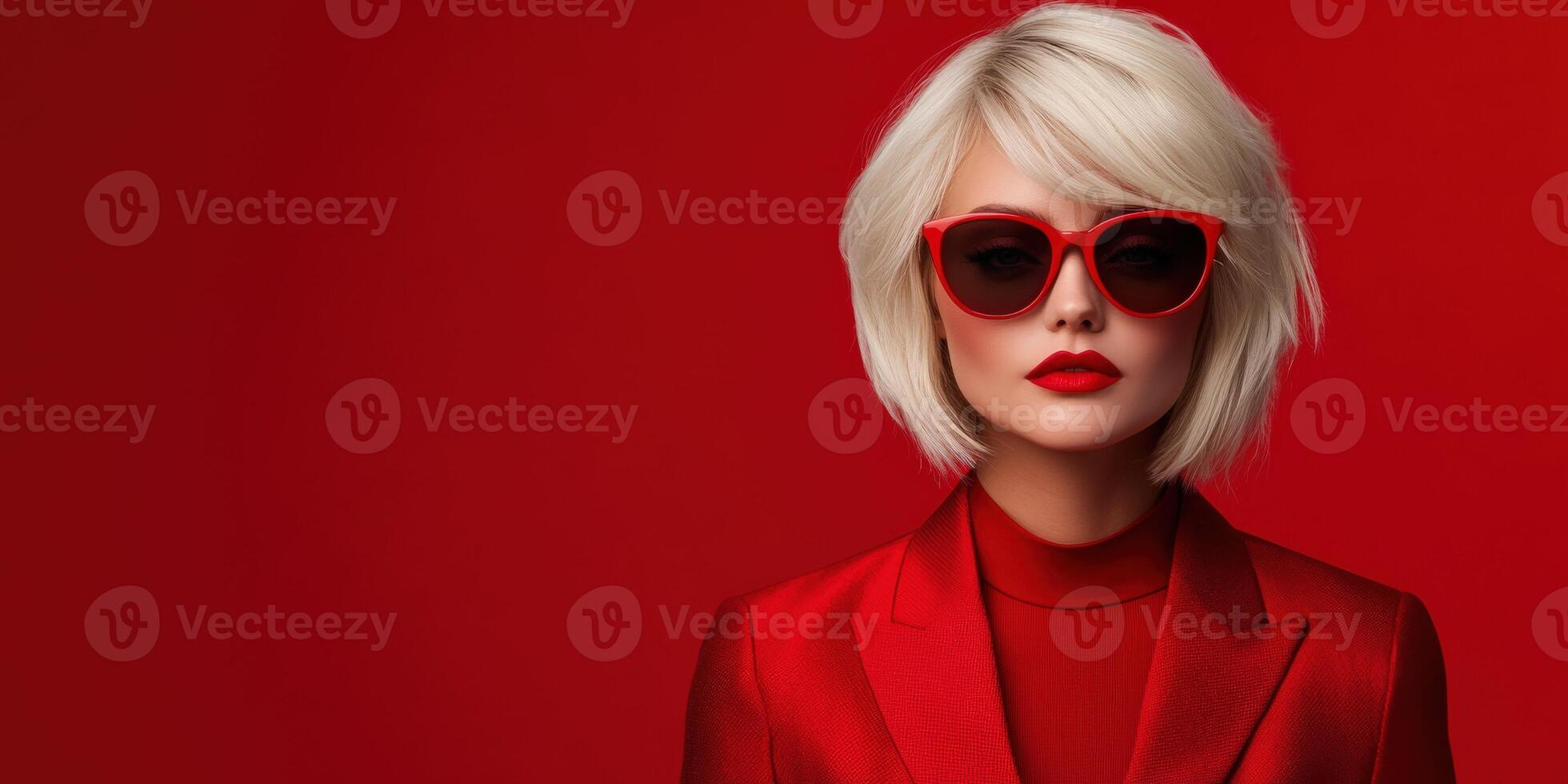 Blonde fashion model showcases bold style with red backdrop photo