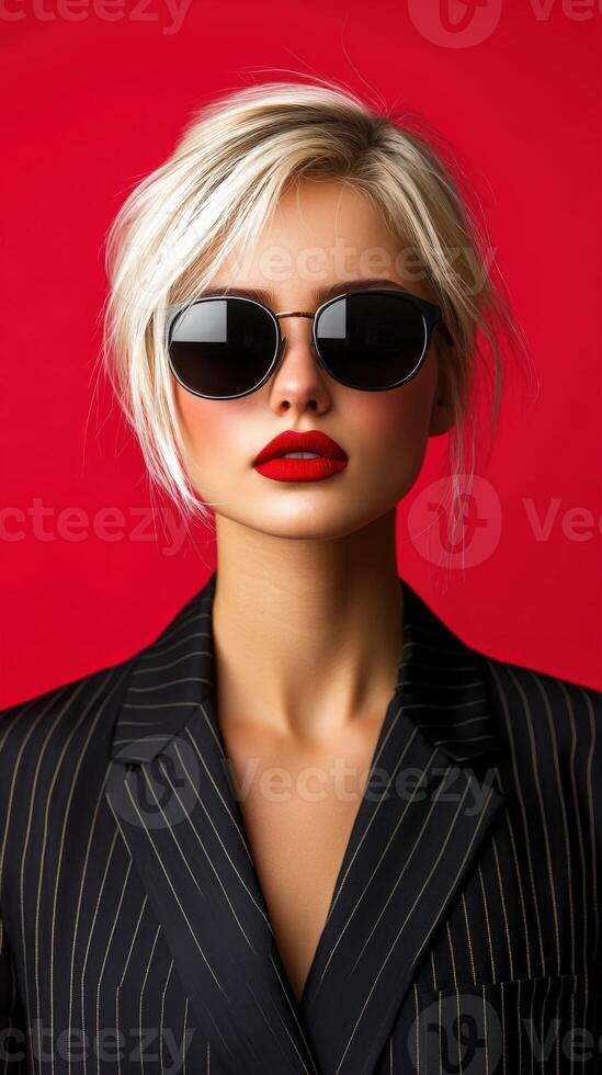 Blonde fashion model poses confidently against red backdrop photo