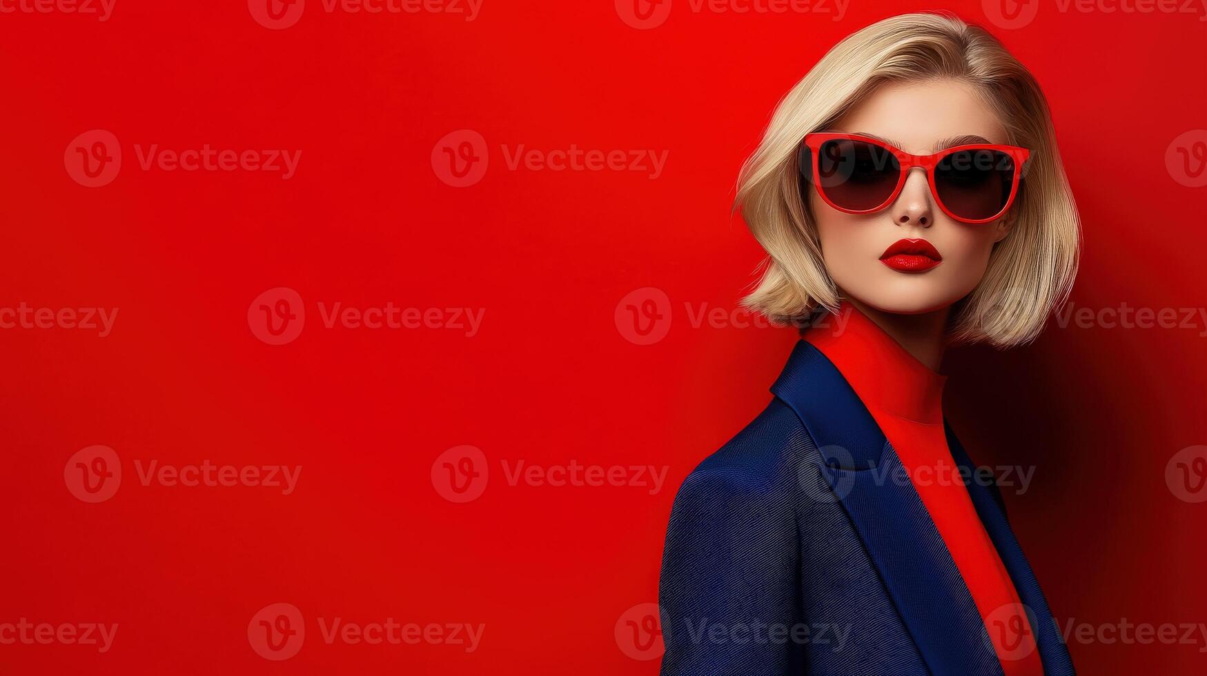 Blonde fashion model poses against bright red backdrop in stylish attire photo