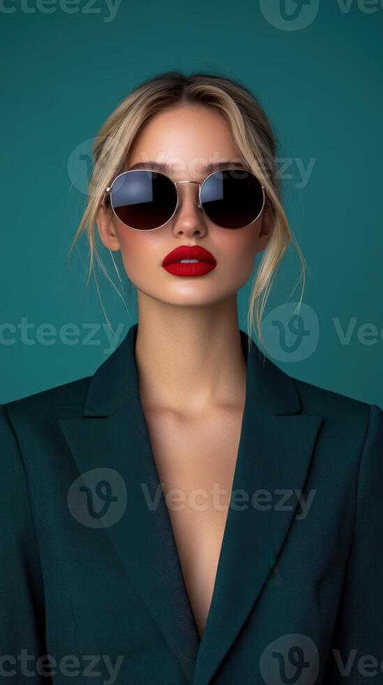 Fashion model poses confidently with sunglasses and bold lipstick photo