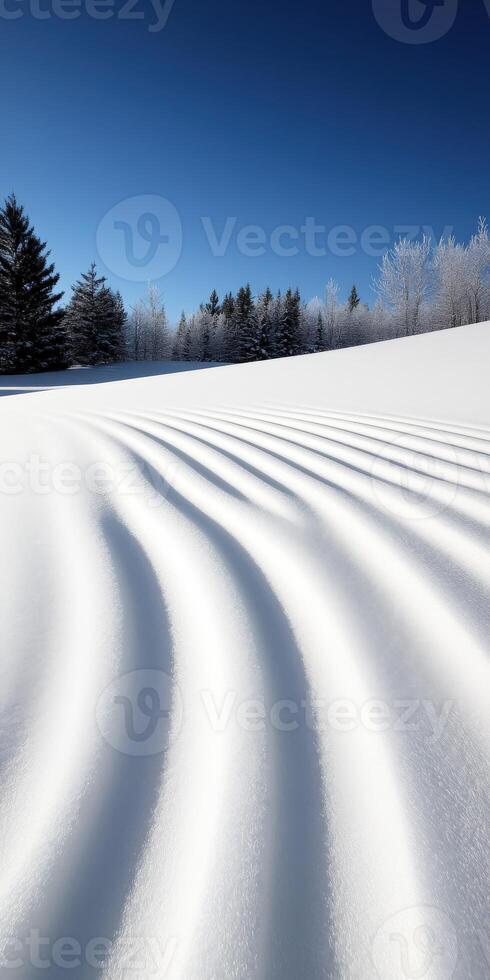 Snowy landscape with wave-like patterns under a clear blue sky photo