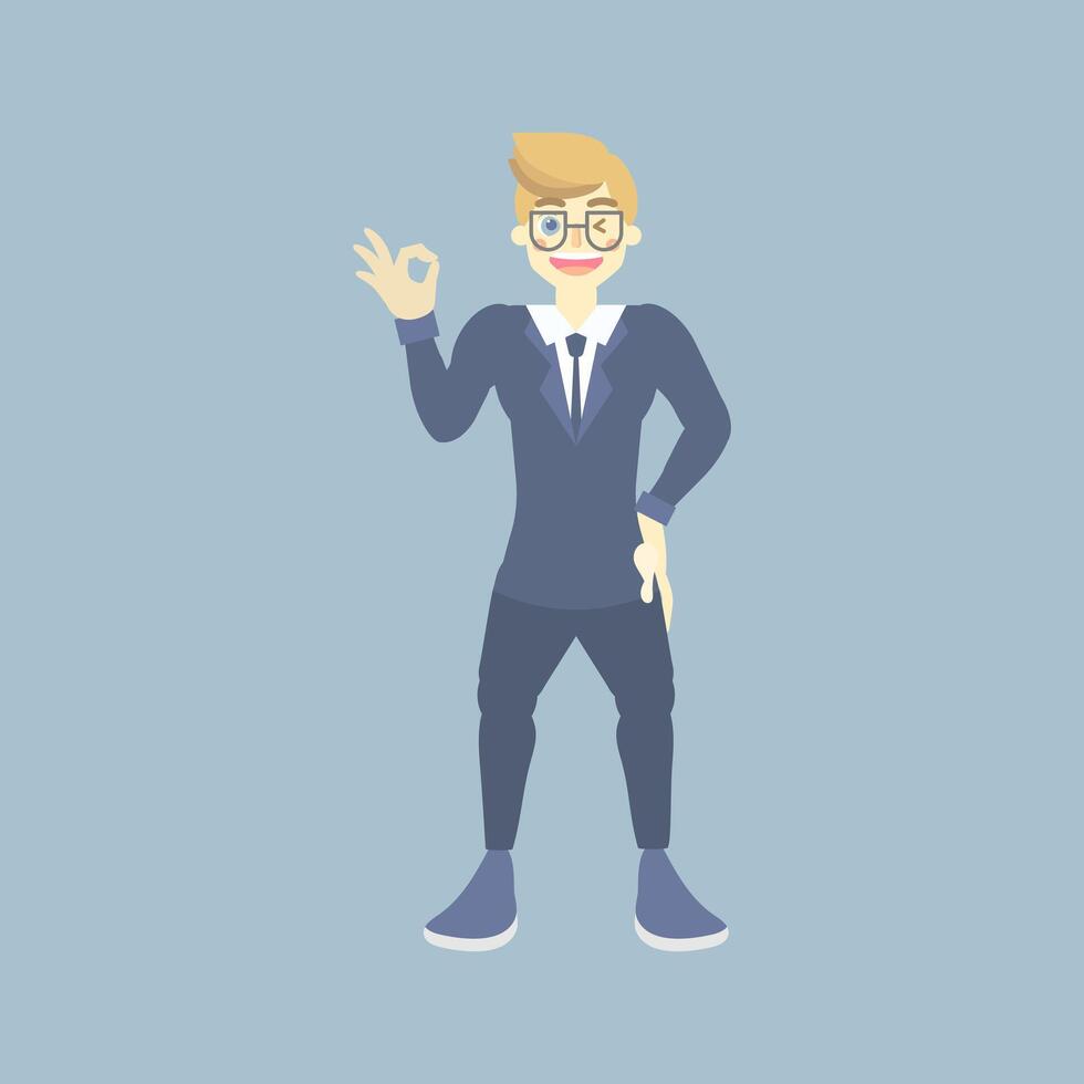 Wink businessman, office worker with ok hand sign, successful concept vector