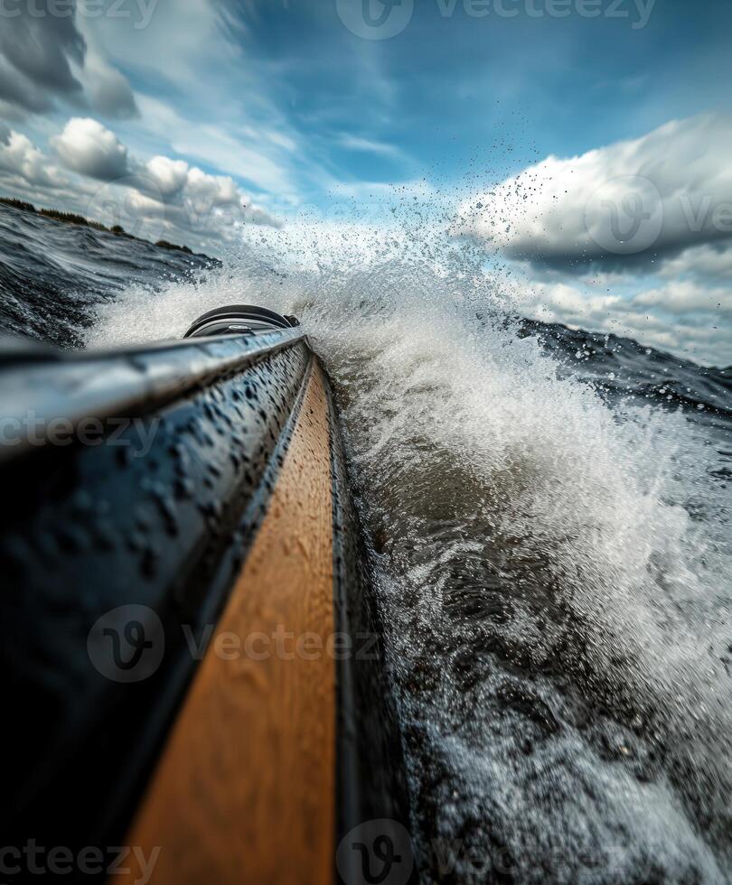 Kayaking through splashing waves under a cloudy sky photo