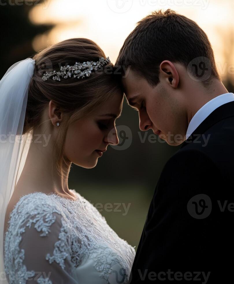 Couple embraces during serene sunset wedding ceremony outdoors photo