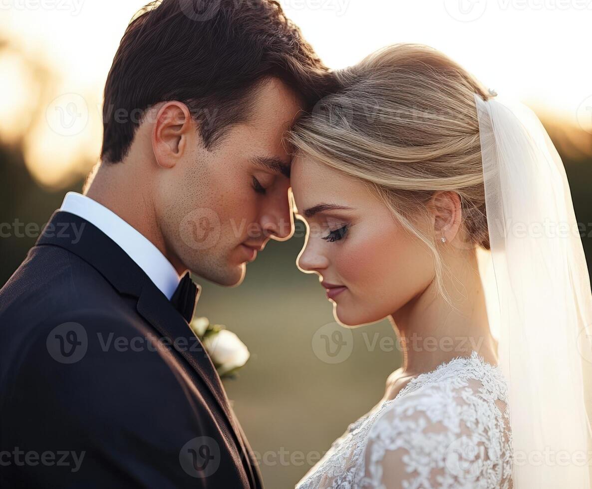 Romantic couple sharing a tender moment during sunset at their wedding photo