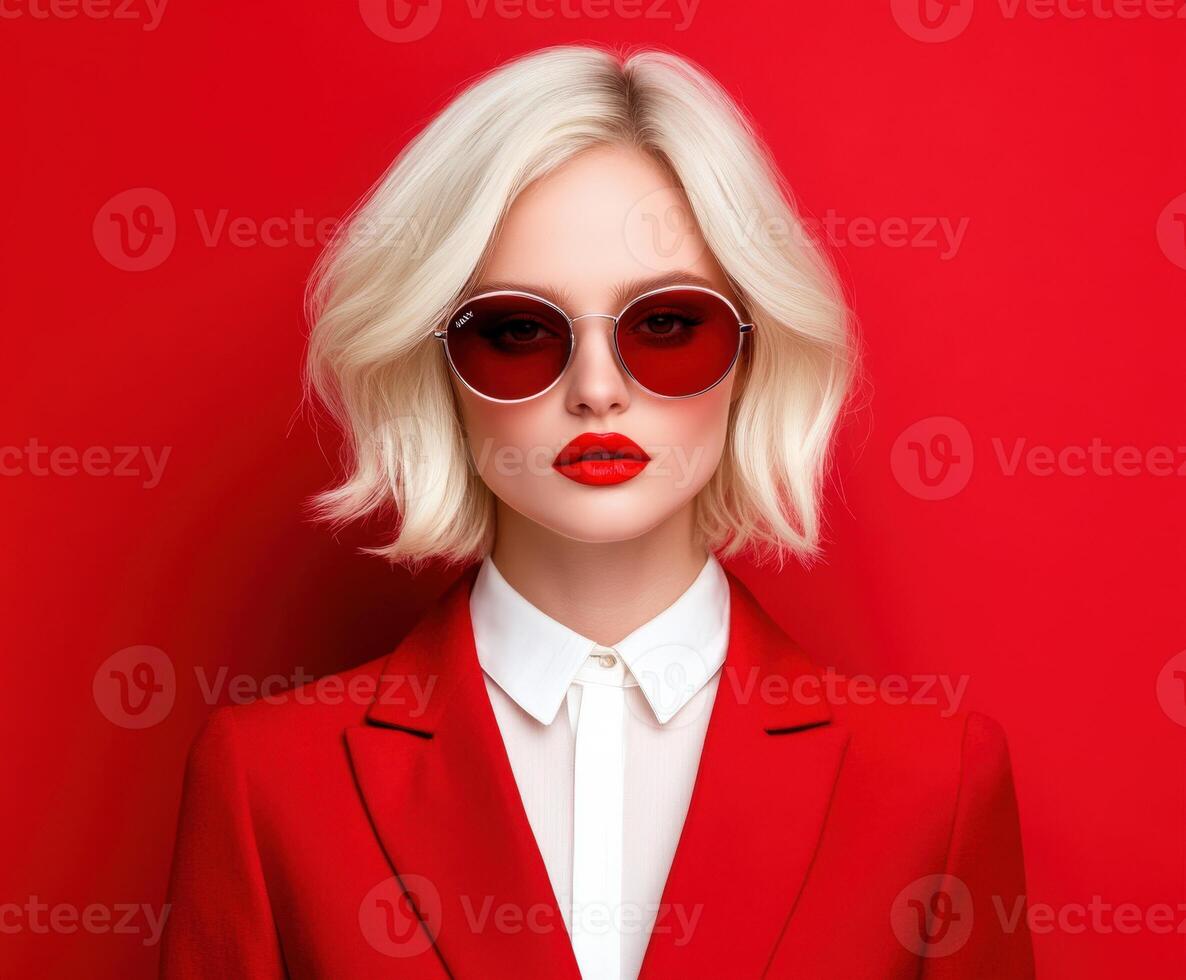 Blonde fashion model poses with confidence against a vibrant red backdrop photo