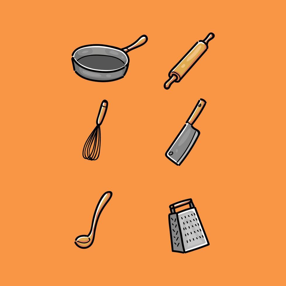 Kitchen Tools, Kitchenware, Kitchen Utensils Set Collection Bundle Illustration Design Isolated in an Orange Background vector