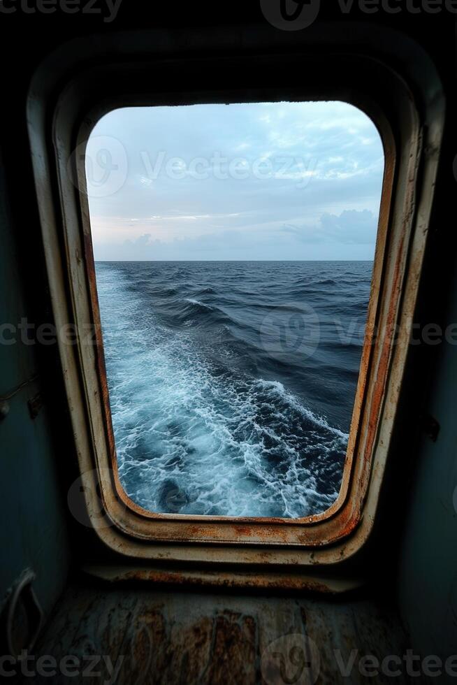 View of ocean waves through a ship's window at sunset photo