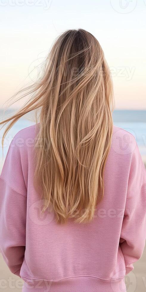 Long blonde hair flows in the breeze on a serene beach at sunset photo