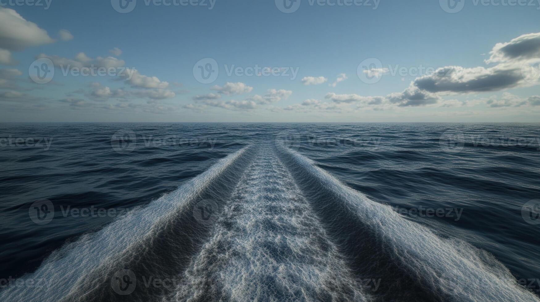 Waves created by a boat navigating through the ocean at sunset photo