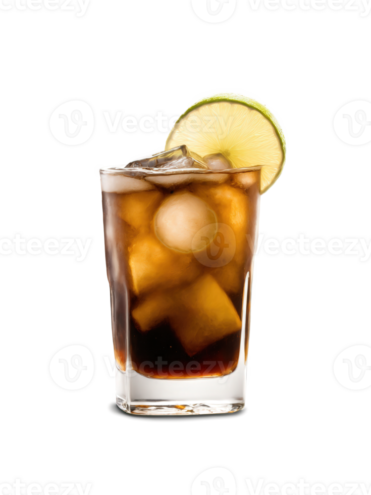 Cuba Libre with rum, cola, and lime, rich brown and green tones, isolated on transparent background, dynamic png