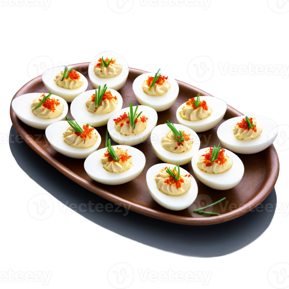 Picnic deviled eggs garnished with paprika and chives arranged on rectangular platter isolated Summer freshness png