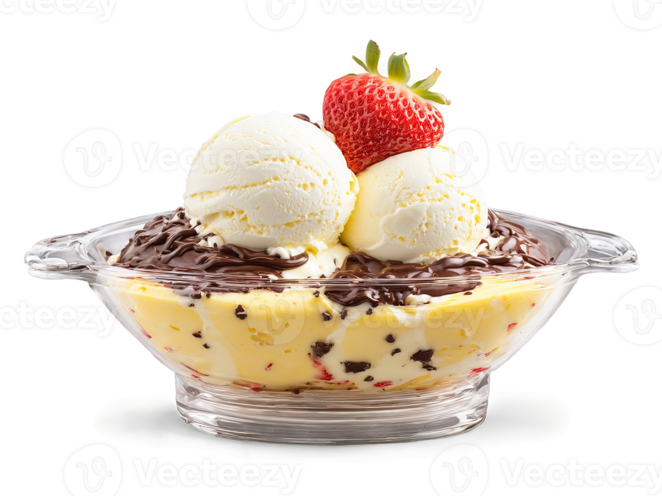 Ice cream banana split with scoops of vanilla chocolate and strawberry drizzled with sauces png