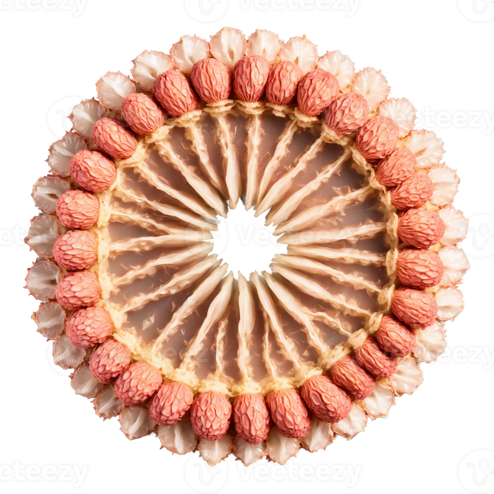Dried Lychee Chunk Mandala pale tan dried lychee chunks arranged in a precise circular composition png