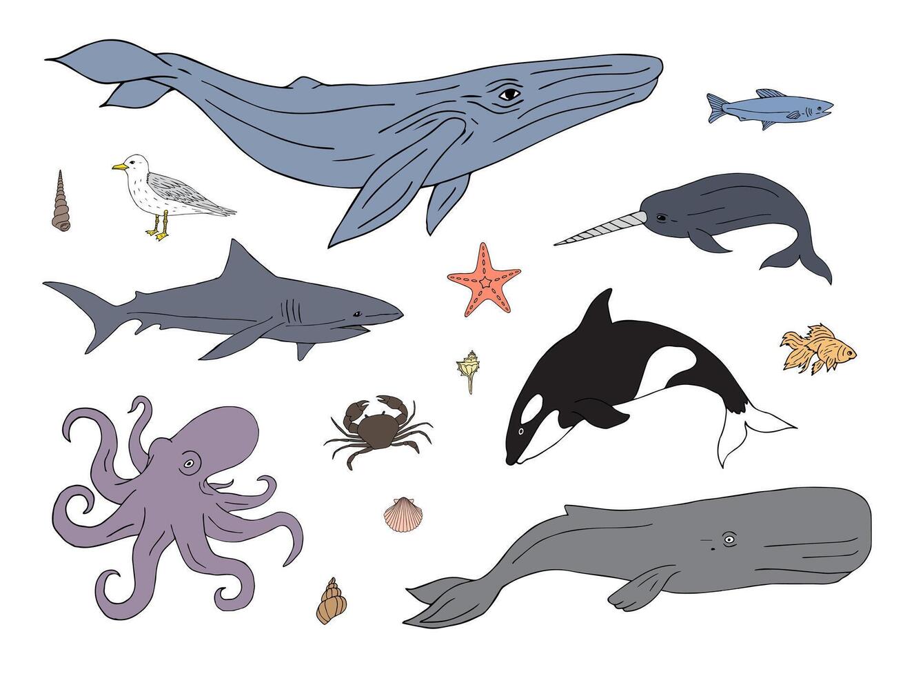 Set of sea animals and fish vector