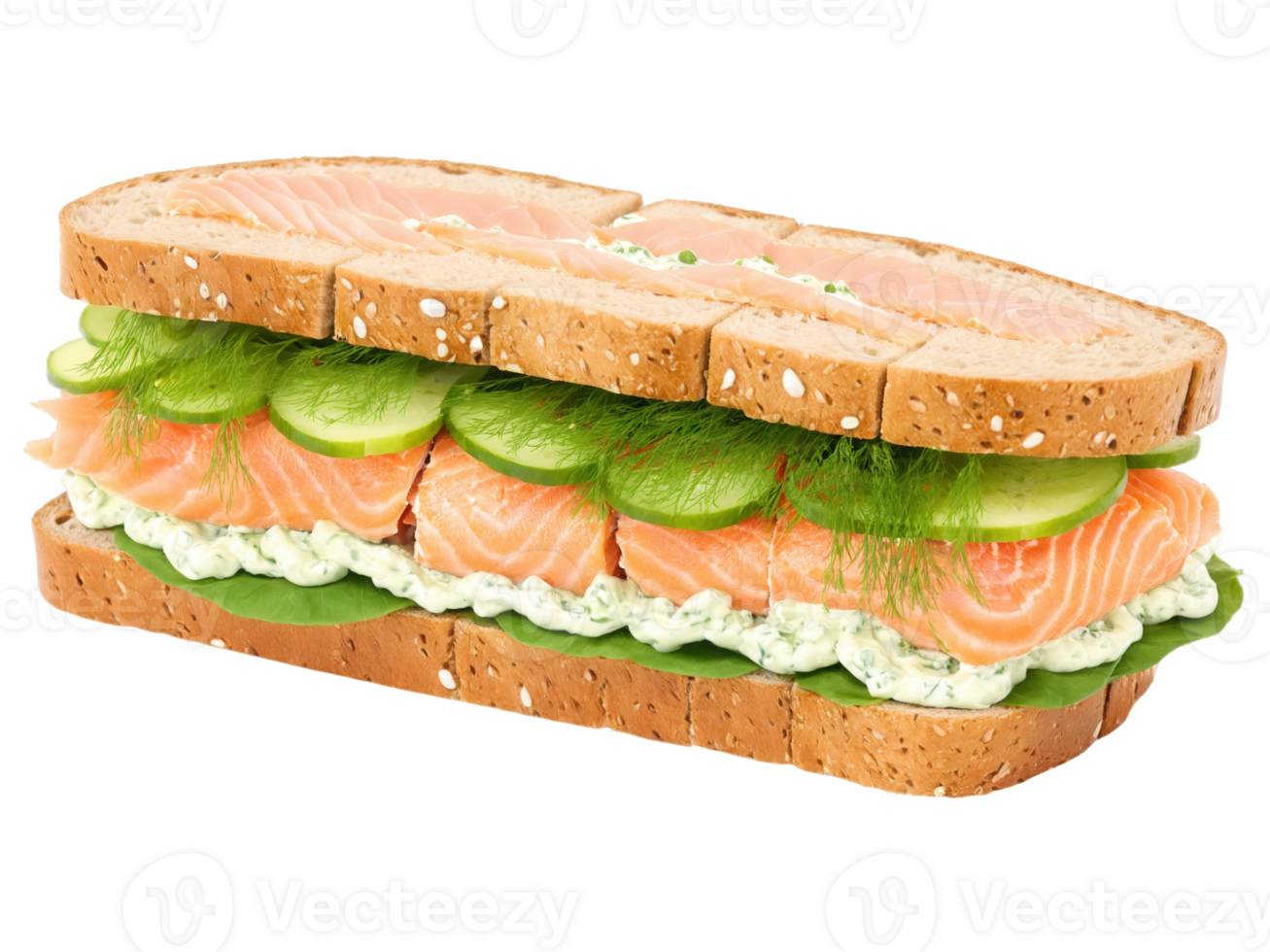 Salmon Salad Sandwich Smoked salmon, lettuce, and dill cream cheese on toasted whole grain bread. png