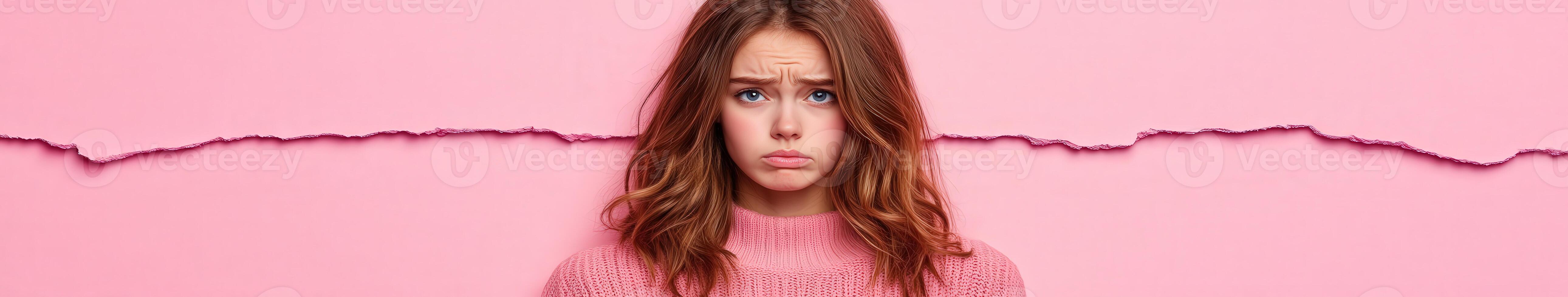 Young woman with saddened expression against pink background photo