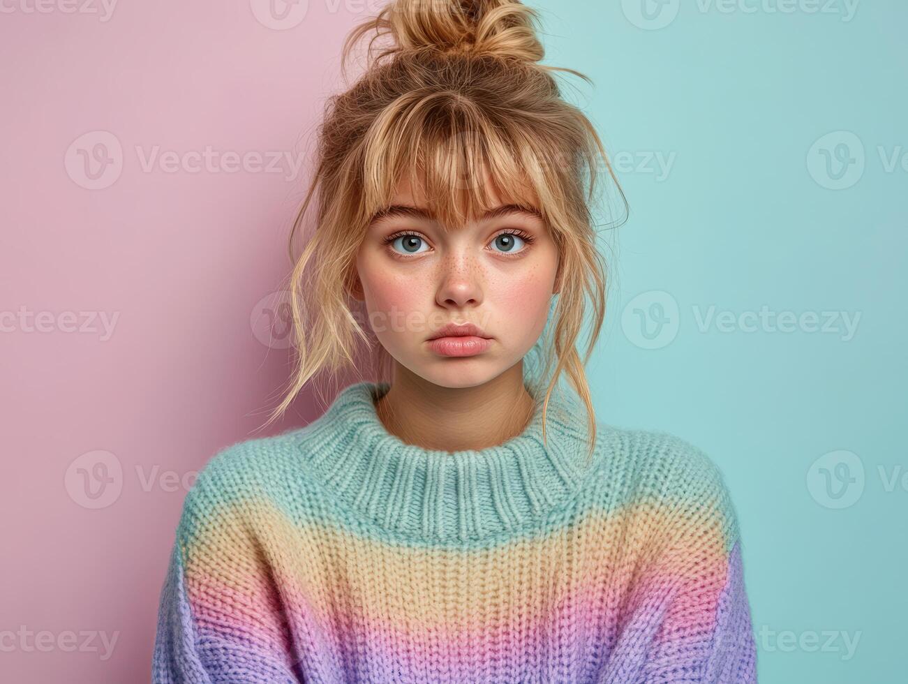 Young woman with pastel sweater posing against colorful backdrop photo