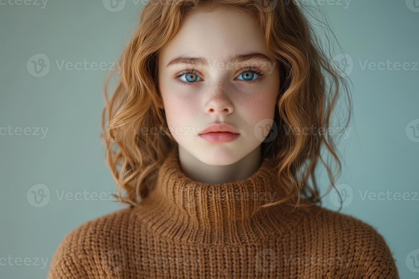 Young girl with curly red hair wearing a brown sweater indoors photo