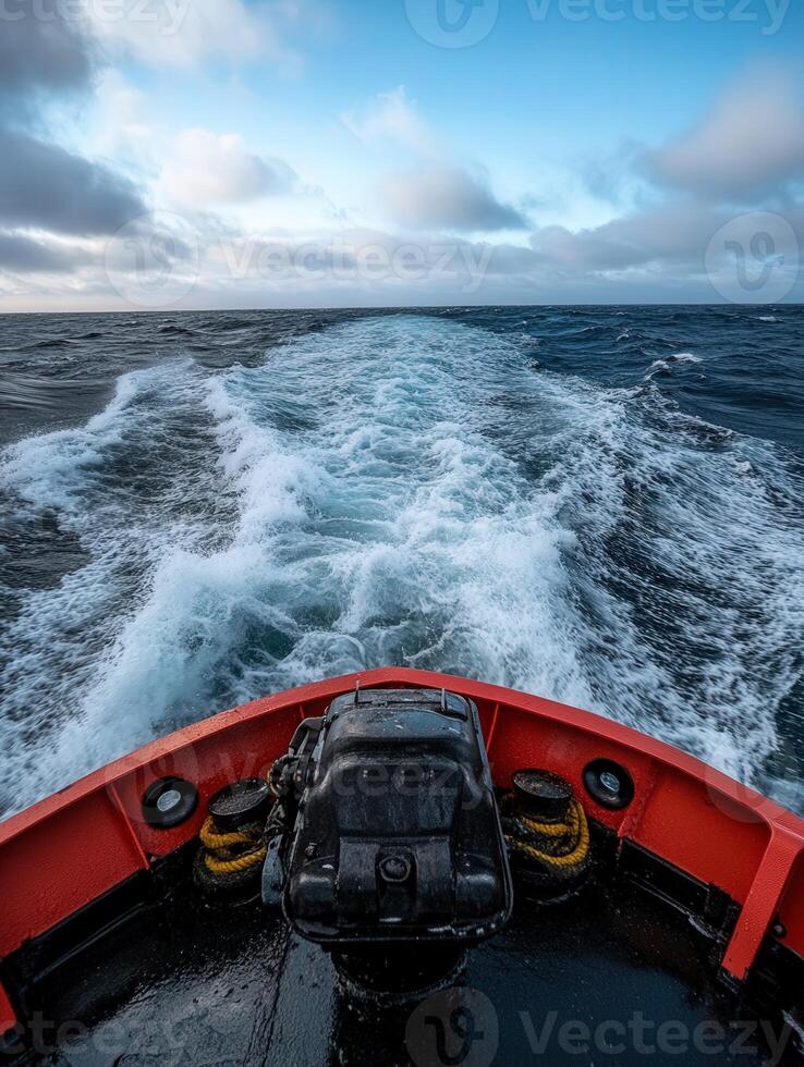 Bright morning on the water with waves trailing behind a boat photo