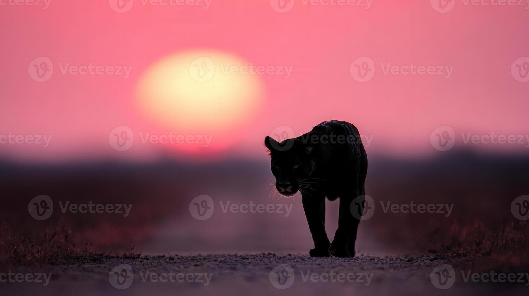 Black panther walks along a path at sunset in the wild savanna photo