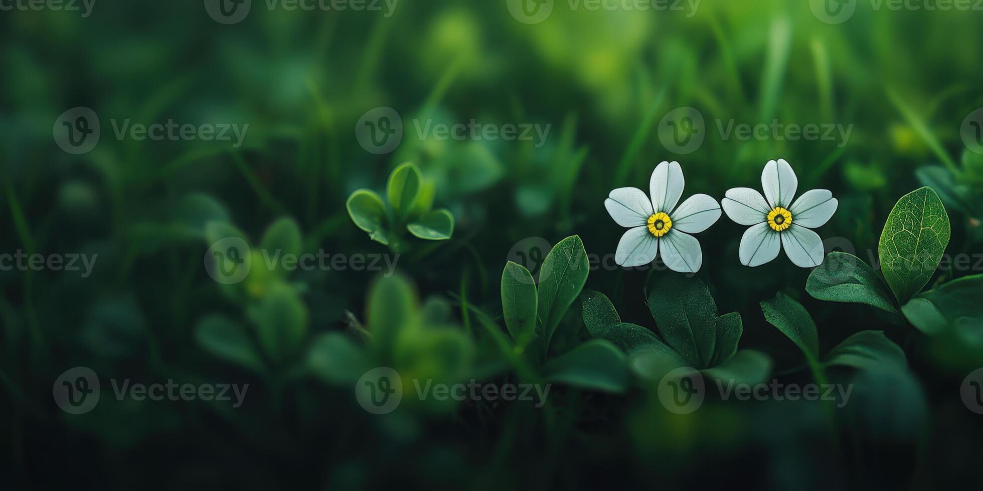 Bright white flowers blooming among lush green grass in springtime photo