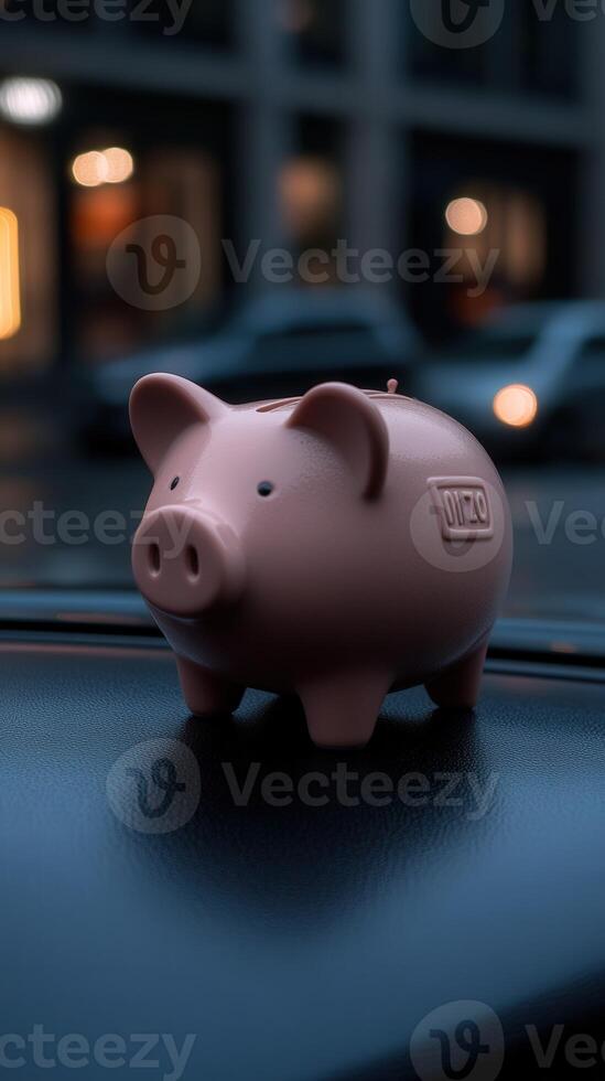 A pink piggy bank resting on a car dashboard during evening traffic photo