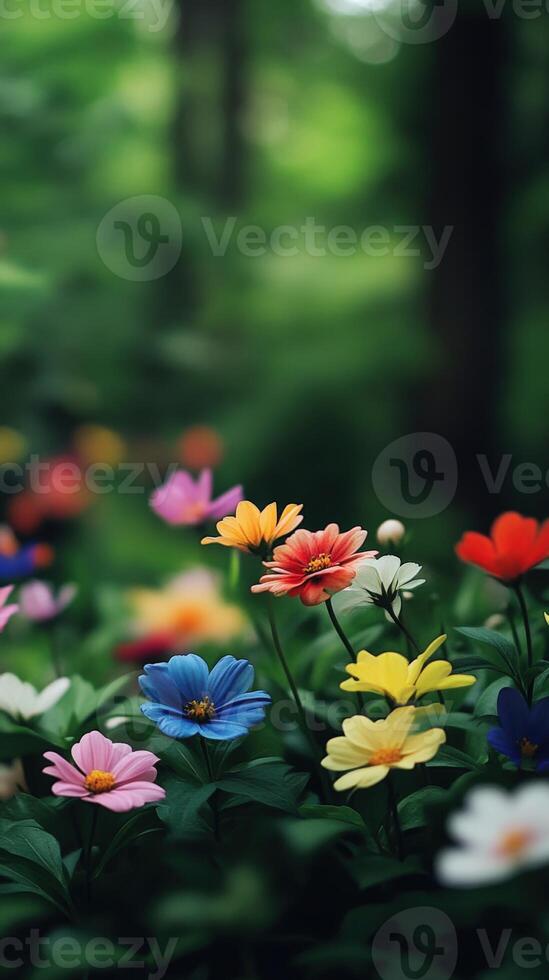 Colorful wildflowers blooming in a lush green forest photo