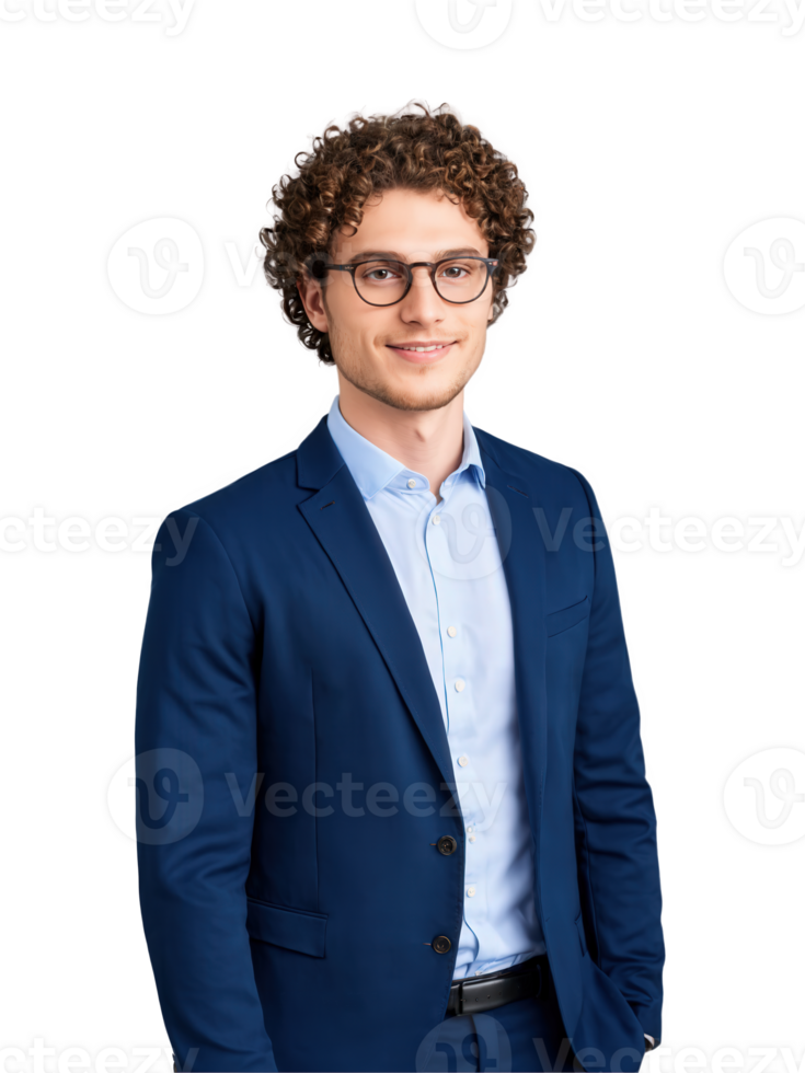 European man aged 20-30 years old, wearing smart casual, looking optimistic with glasses, with curly hair and brown hair. png