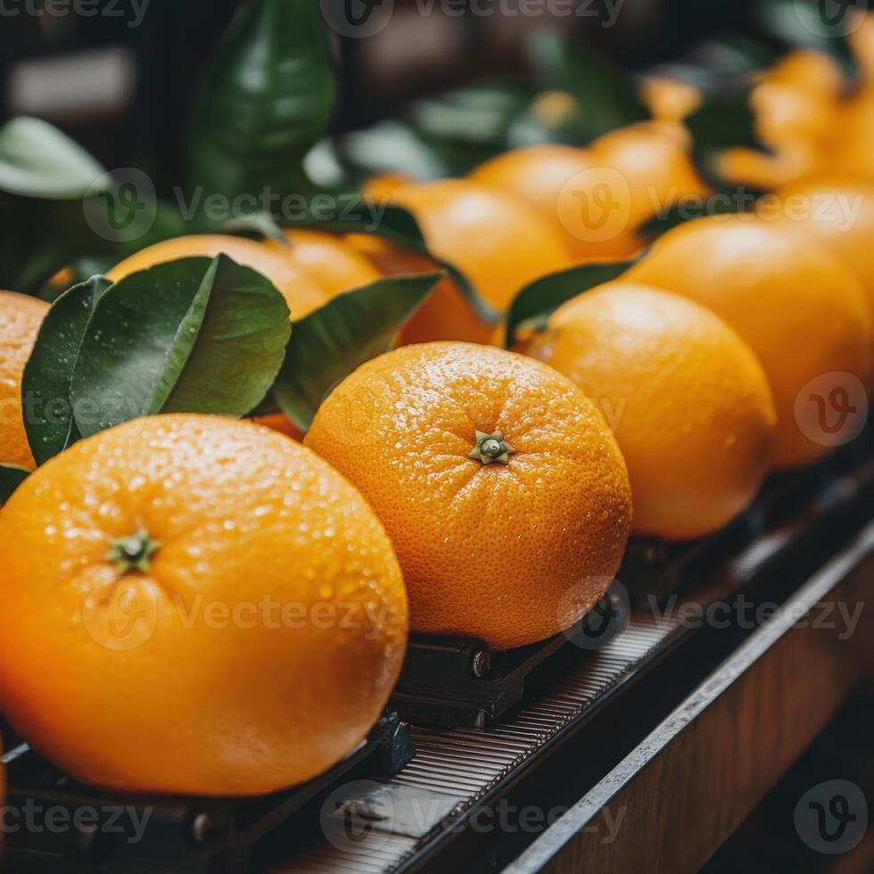 Freshly harvested oranges displayed at a market in bright sunlight photo