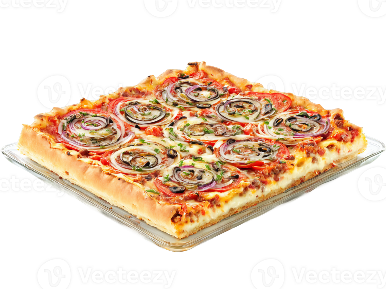 Sicilian Pizza with thick crust onions anchovies and tomatoes served on a transparent glass plate png