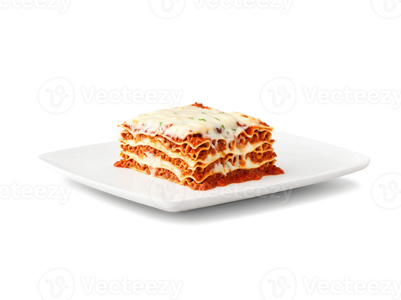 Lasagna slice with layers of pasta, meat sauce, and cheese, oozing, cheese stretching. png